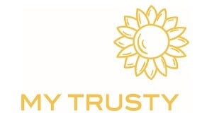 My Trusty Logo - a line drawing of a sunflower in gold
