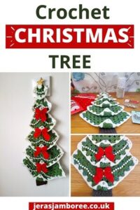 montage of three photos showing the steps to crochet a Christmas tree
