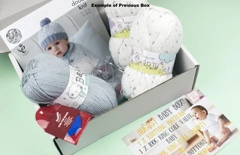 An example of the contents from a baby knitting subscription box