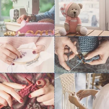 hands crafting 1) crocheting 2) knitting 3) Amigurumi 4) macrame 5) sewing 6) cross stitching