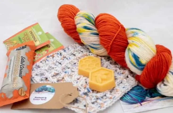 hand dyed yarn and treats in the mystery yarn box