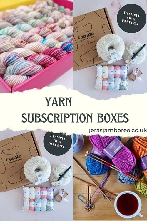 montage of four photos showing yarn, crochet hooks and stitch markers available in yarn subscription boxes
