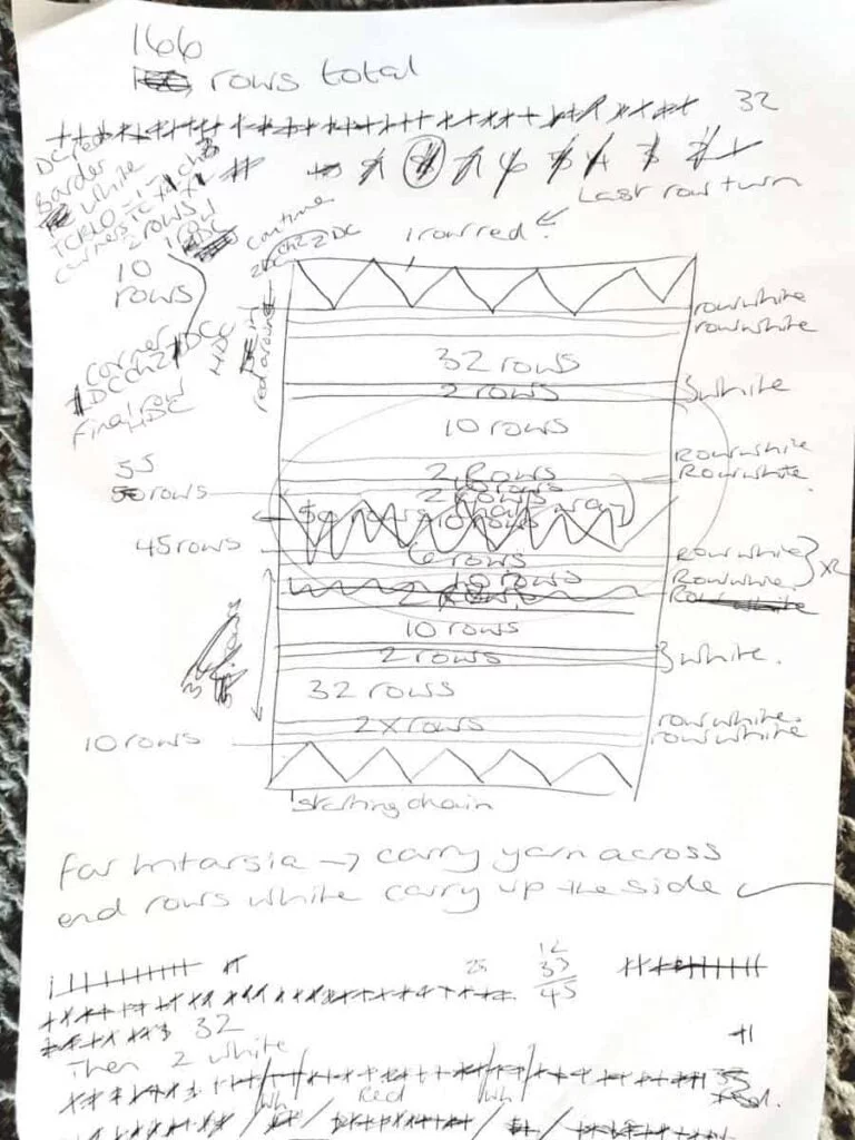showing outline and jottings for the plan of the crochet Christmas blanket pattern