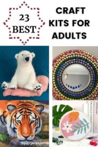 montage of 4 images showing finished items from craft kits 1) felted polar bear 2) mirror surrounded by mosaics 3) tiger created from diamond painting 4) flowers and leaves created using punch needle