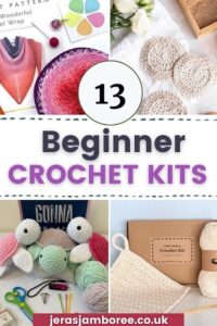 montage of four photos of crochet items made from a kit 1) shawl 2) face scrubbies 3) turtles 4) washcloth