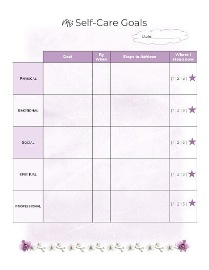 Blank self care assessment planner page free