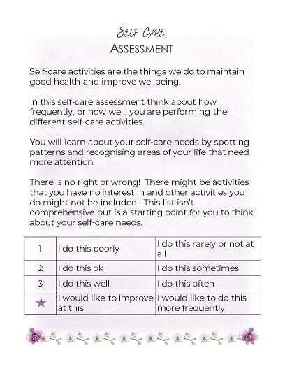 first page in the free self care planner for a self care assessment