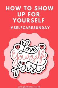 red background, pink circle with quote 'love yourself first' for self care Sunday