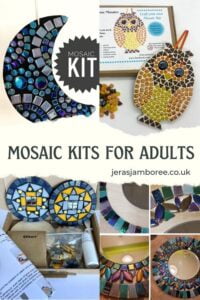 montage of four photos showing different mosaic craft projects made from a kit 1) moon 2) owl 3) coasters 4) mirror
