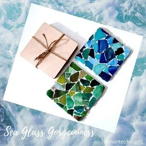 two coasters, one blue and one green, on a white and blue background which have been made from a mosaic kit