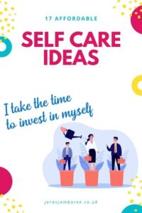 White background with blue, yellow and pink open circles. Image showing a watering can being sprinkled on the woman in the middle. Text "I take the time to invest in myself"