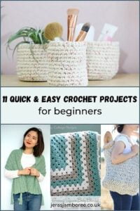Pinterest Pin collage nested crochet baskets, chevron lace shawl, granny square blanket and market tote bag