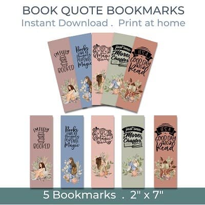 Set of 5 bookmarks with book quotes to download digitally from our Etsy shop