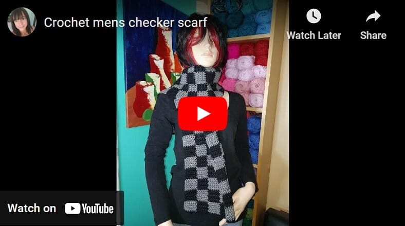 Mens checkered crochet scarf styled on a mannequin