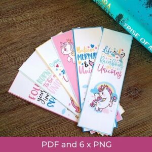 6 Unicorn Bookmarks printed and laminated in a fan shape