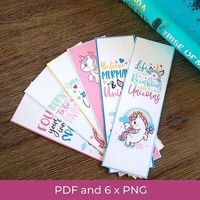 6 Unicorn Bookmarks printed and laminated in a fan shape