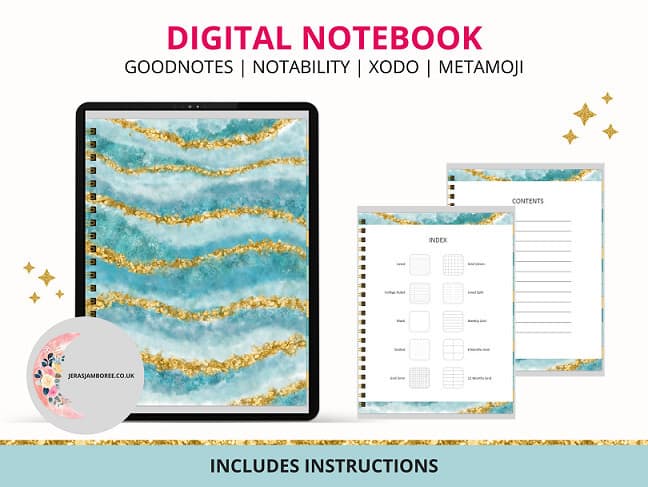 Digital Notebook cover, content pages and index as a free download for email subscribers