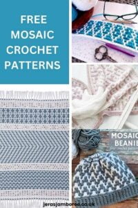 montage of four photos showing different mosaic crochet projects 1) blanket in sections 2) blanket 3) working from a mosaic chart 4) mosaic hat