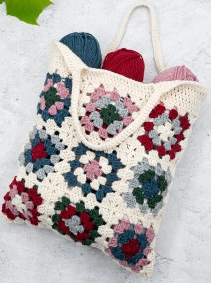 Granny square market bag crocheted in 6 different colours