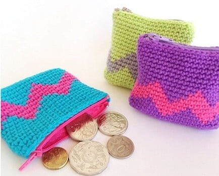 crocheted coin purses in tapestry crochet - turquoise and pink, mauve and pink, light green and dark green
