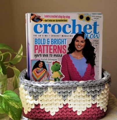 tapestry crocheted basket in red, white and grey t-shirt yarn