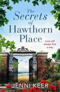 Book cover for The Secrets of Hawthorn Place by Jenni Keer. Large gate open and tall pillars either side of the gate