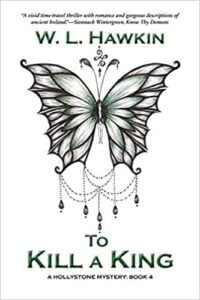 book cover To Kill a King by W L Hawkin. Vector of a butterfly with beads dangling from the wings in black. The background is white