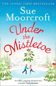 book cover for Under the Mistletoe by Sue Moorcroft. Vector of an outdoor circular skating rink with a male and female underneath mistletoe