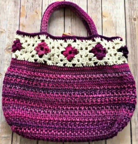 granny square bag in purple, blue and white