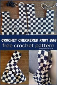 montage of four photos showing how the checkered bag is crocheted