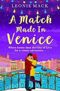 book cover for A Match Made in Venice by Leonie Mack . Vector, purple sky and houses in the background with a white male and female hugging on a bridge