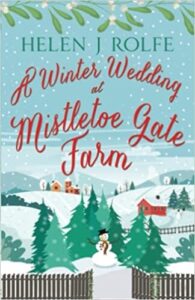 Book cover for A Winter Wedding at Mistletoe Gate Farm by Helen J Rolfe. Vector of a snowy landscape and christmas trees with a snowman in the middle of the cover
