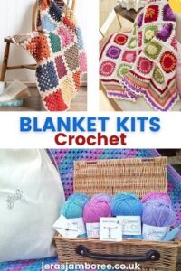 montage of three photos showing crochet blankets made from a kit