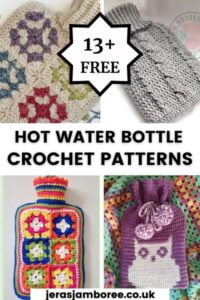 Montage of four photos showing different crochet hot water bottle covers