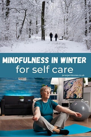 a montage of two images 1) a winter scene with an older couple walking in the distance 2) an older white woman sitting on the floor meditating