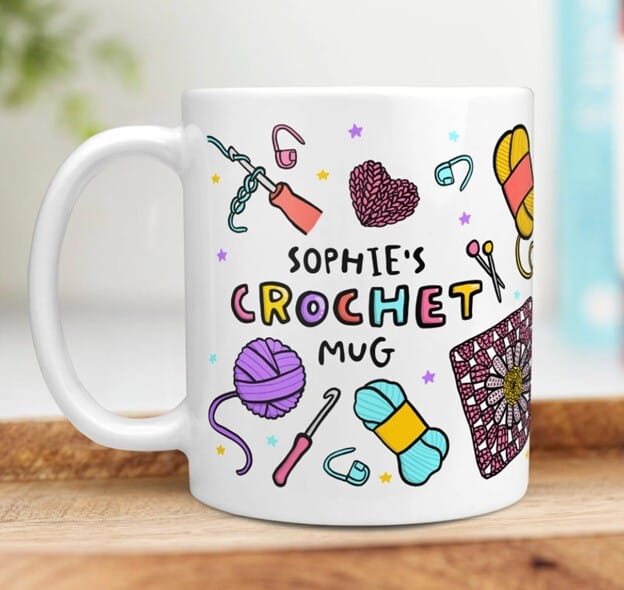 mug with crochet related items and personalised