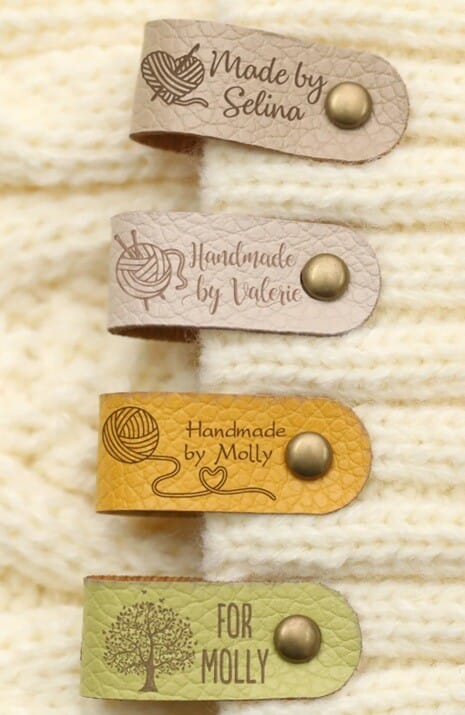 4 faux leather personalised tags for crochet and knitting items