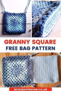 montage of 3 photos showing a finished granny square bag, the lining and the bag with the lining attached