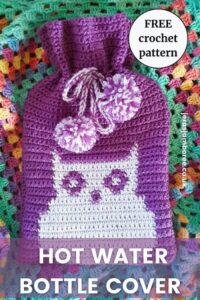 Hot water bottle crocheted cover has an owl in white with a purple background. The hot water bottle is nestled in a granny square blanket