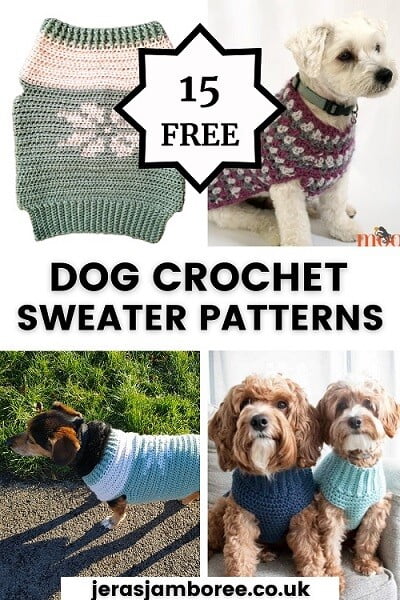 montage of four photos showing dogs wearing different crocheted sweaters