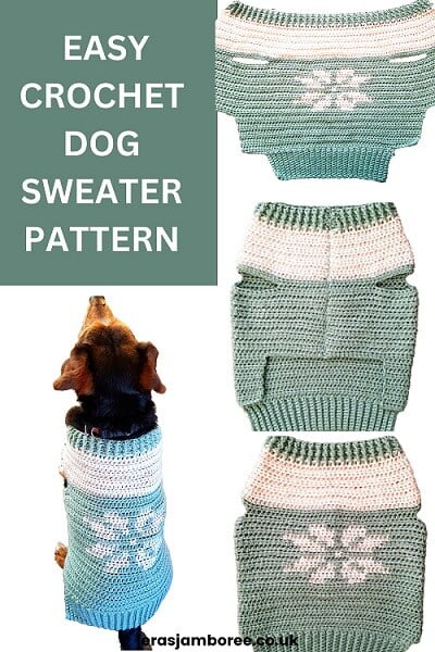 montage of four photos showing 1) a dog wearing a crochet sweater 2) the dog sweater before seaming 3) the front of the dog sweater 4) the back of the dog sweater