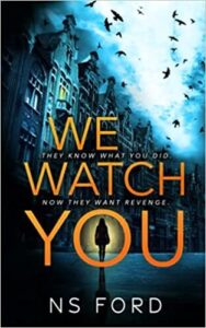book cover for We Watch You by N S Ford. A terrace of houses has birds flying over it. The sky is midnight blue. A figure is walking past