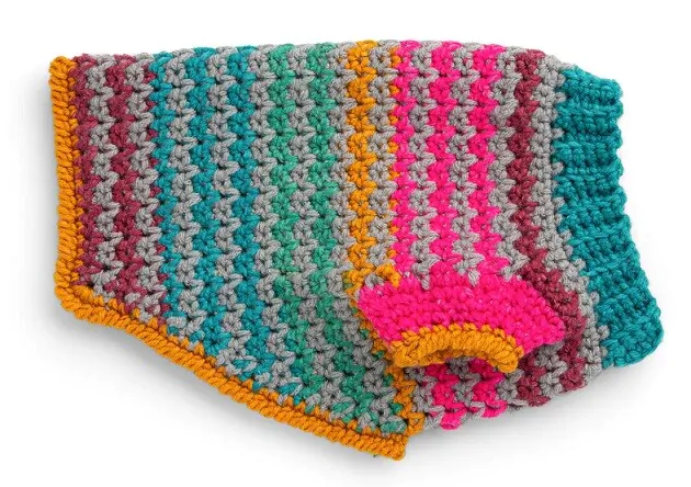 dog sweater crocheted in bright and bold colours
