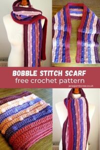 Bobble stitch scarf in 6 colours in a montage of 4 photos 1) worn over the shoulder 2) styled flat on a table 3) folded over on a table 4) knotted in front