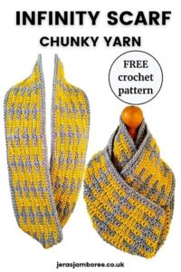 two photos showing a crochet infinity scarf worn with one loop and worn with two loops