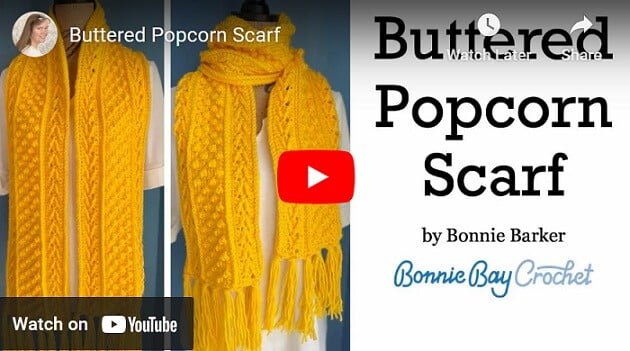Thumbnail image for YouTube video tutorial showing two images of a crochet popcorn scarf