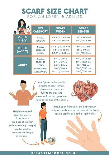 chart showing the measurements of scarves for adults and children
