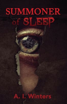 book cover for Summoner of Sleep by A I Winters.  An eye is seen through a keyhole with a black background.  The title of the book is in red