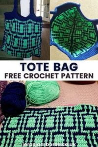 Montage of three photos showing 1) crochet tote bag hanging up 2) the inside of the bag 3) the mosaic crochet pattern and the two balls of yarn used