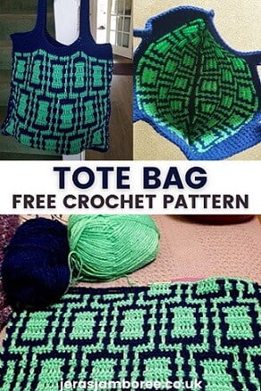 Montage of three photos showing 1) crochet tote bag hanging up 2) the inside of the bag 3) the mosaic crochet pattern and the two balls of yarn used